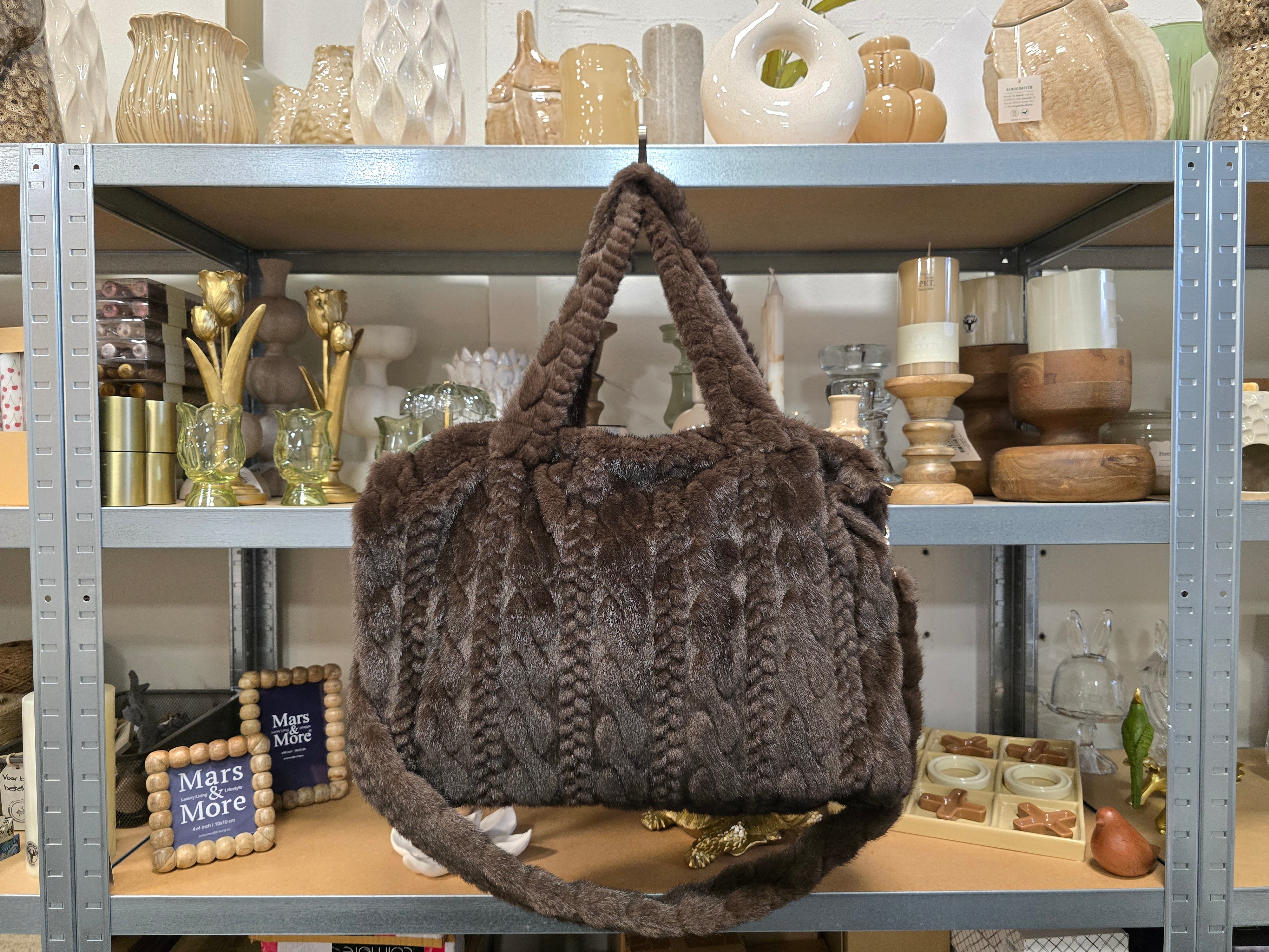 INTERIEURDINGETJES, Big Faux Fur Shopper met Kabelpatroon - Beige of Bruin