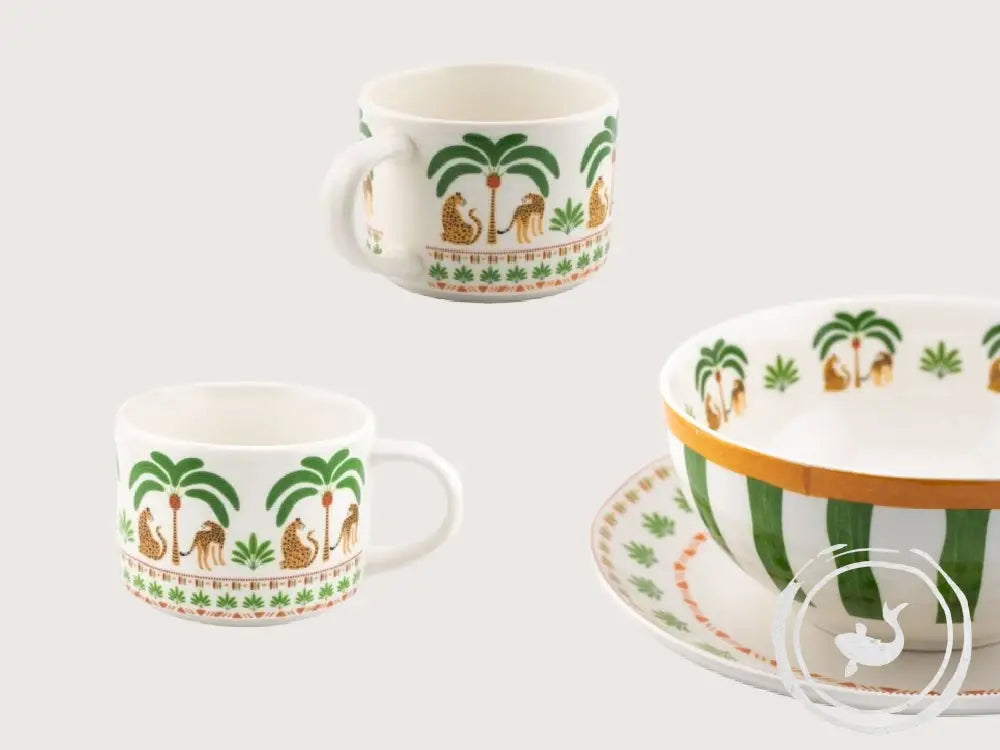 INTERIEURDINGETJES Mok Verde Keramiek – Tropische Mok met Palmbomen en Cheeta